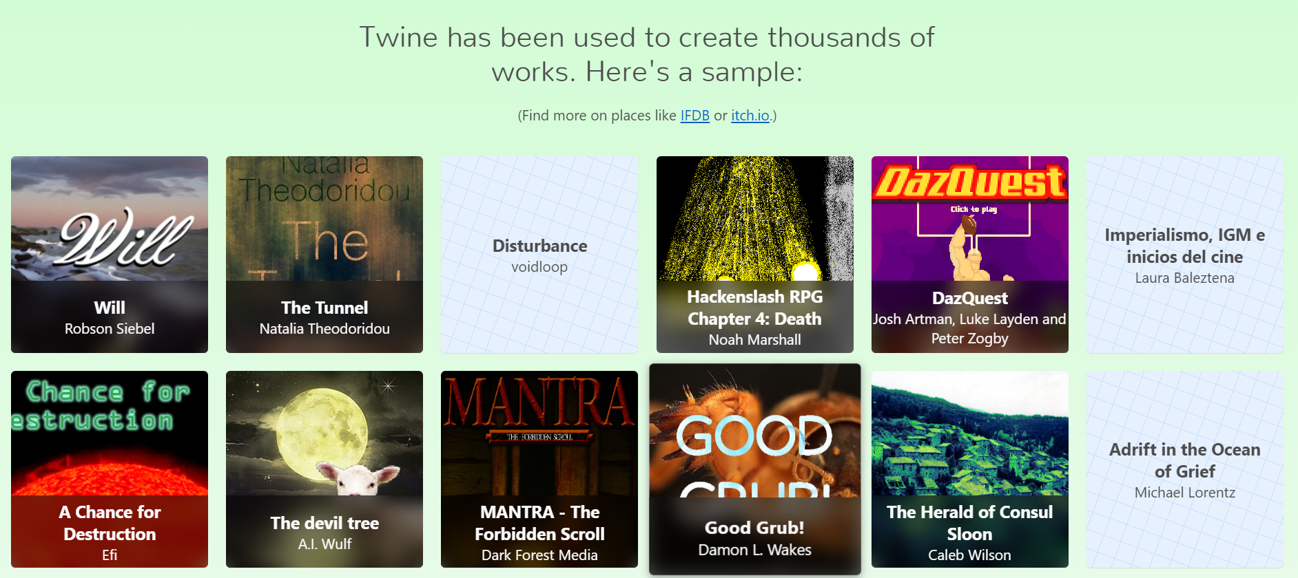 A screenshot of the game gallery on the twinery.org homepage.