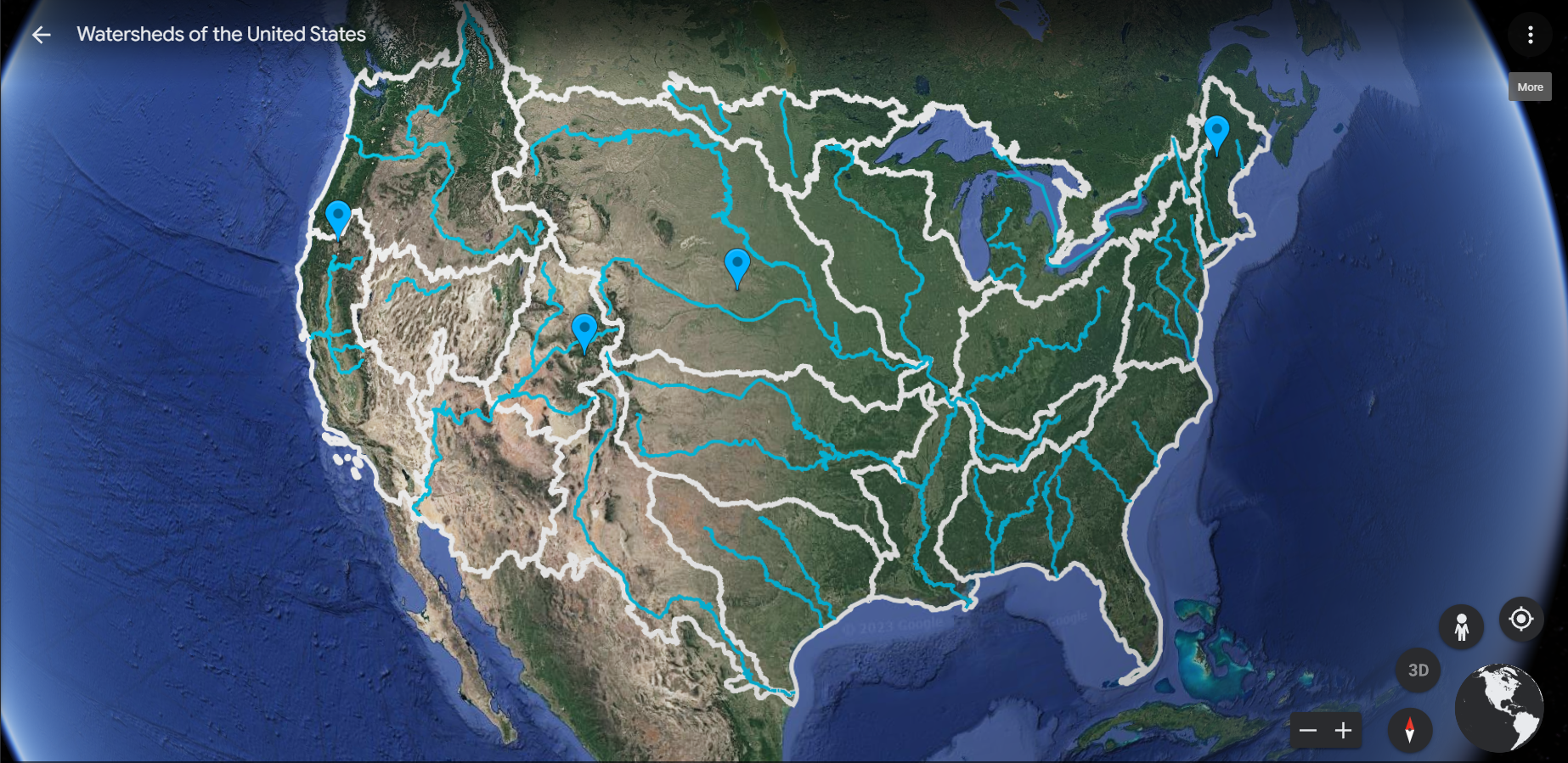 A screenshot of a watershed tour in Google Earth.